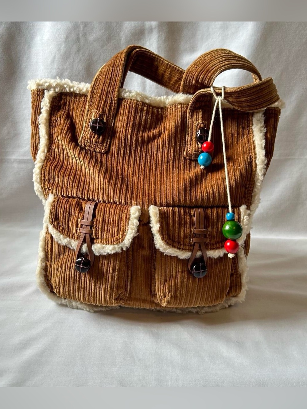 Brown Corduroy Tote Bag w Sherpa Trim and Beaded Accent by American Eagle